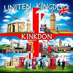 A visually striking poster about the United Kingdom, designed entirely with captivating images and no text, celebrating famous landmarks and common stereotypes