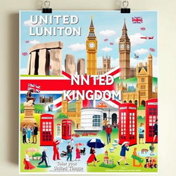A visually striking poster about the United Kingdom, designed entirely with captivating images and no text, celebrating famous landmarks and common stereotypes