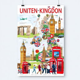 A visually striking poster about the United Kingdom, designed entirely with captivating images and no text, celebrating famous landmarks and common stereotypes