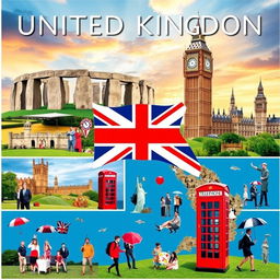 A visually striking poster about the United Kingdom, designed entirely with captivating images and no text, celebrating famous landmarks and common stereotypes