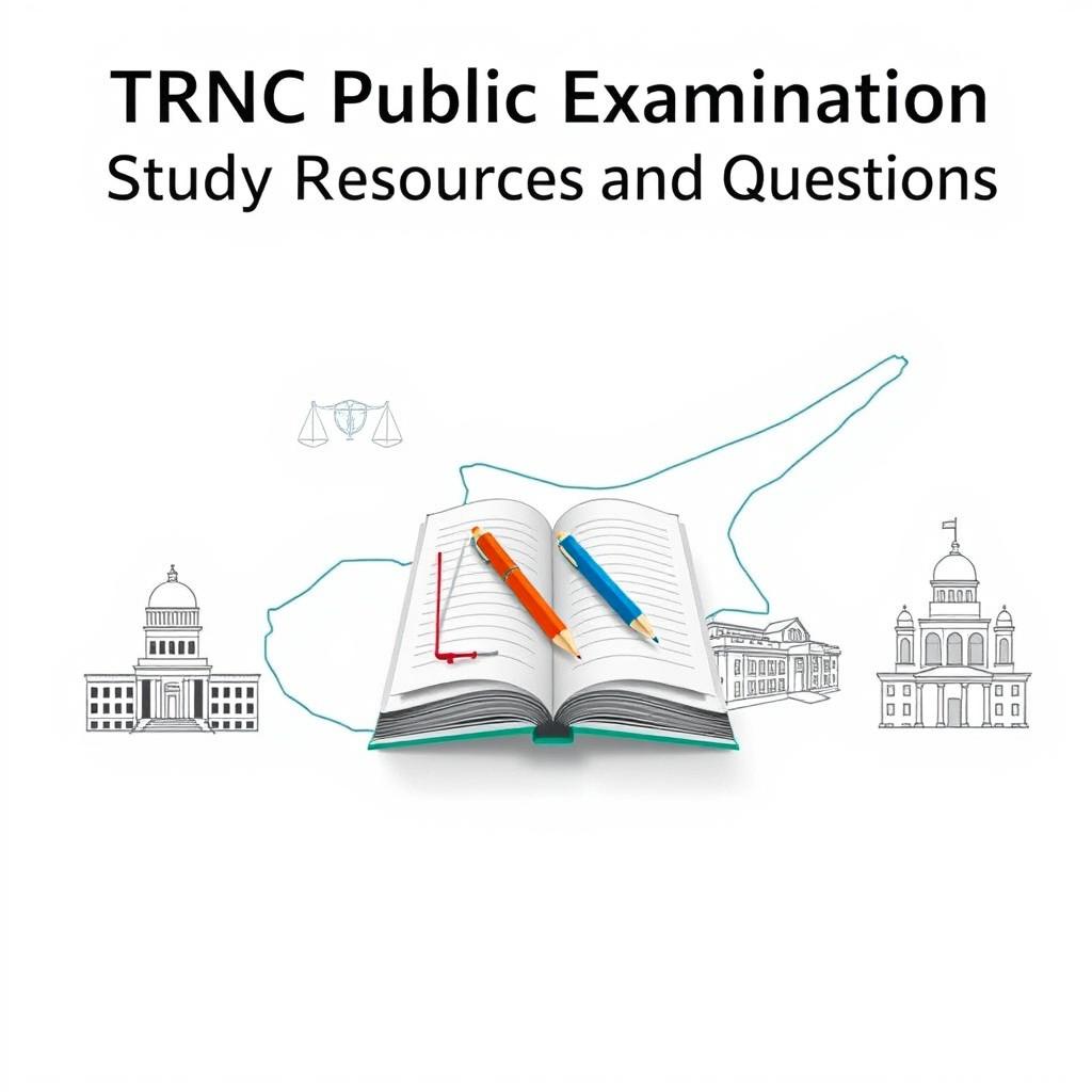 An e-book cover design featuring the title 'TRNC Public Examination Study Resources and Questions' prominently at the top in a bold and professional font