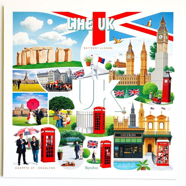 A captivating poster showcasing the UK, filled with vibrant images and no text, celebrating famous landmarks and playful stereotypes