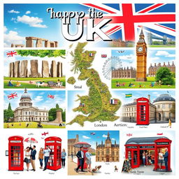 A captivating poster showcasing the UK, filled with vibrant images and no text, celebrating famous landmarks and playful stereotypes