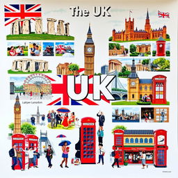 A captivating poster showcasing the UK, filled with vibrant images and no text, celebrating famous landmarks and playful stereotypes