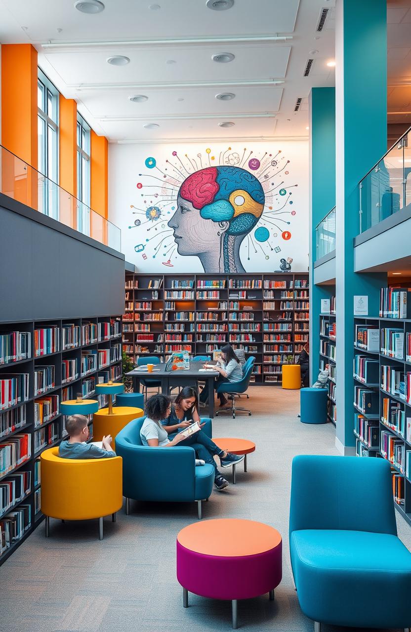 An inviting modern library interior with an emphasis on educational psychology resources