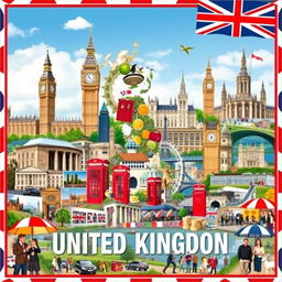 A stunning poster depicting the United Kingdom, featuring a rich array of images with no text, showcasing iconic landmarks and playful British stereotypes