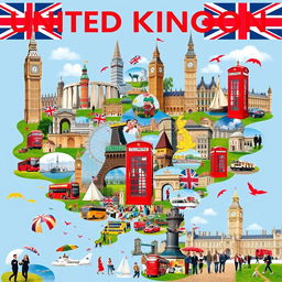 A stunning poster depicting the United Kingdom, featuring a rich array of images with no text, showcasing iconic landmarks and playful British stereotypes