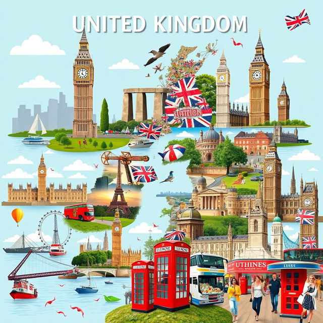 A stunning poster depicting the United Kingdom, featuring a rich array of images with no text, showcasing iconic landmarks and playful British stereotypes