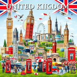 A stunning poster depicting the United Kingdom, featuring a rich array of images with no text, showcasing iconic landmarks and playful British stereotypes