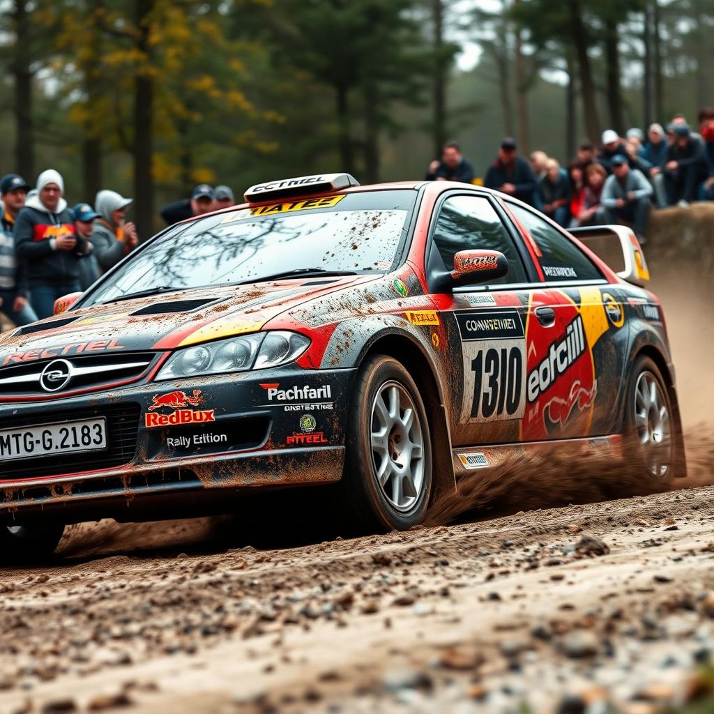A dynamic image of an Opel Vectra C Rally Edition participating in a rally race