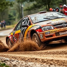 A dynamic image of an Opel Vectra C Rally Edition participating in a rally race