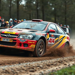 A dynamic image of an Opel Vectra C Rally Edition participating in a rally race