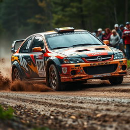 A dynamic image of an Opel Vectra C Rally Edition participating in a rally race