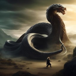 An epic scene depicting a giant snake chasing Gandalf, the legendary wizard from Middle-Earth. The snake's scales glisten menacingly as Gandalf raises his staff in defense.