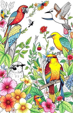 A beautifully illustrated coloring book featuring a variety of birds in their natural habitats