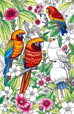 A beautifully illustrated coloring book featuring a variety of birds in their natural habitats