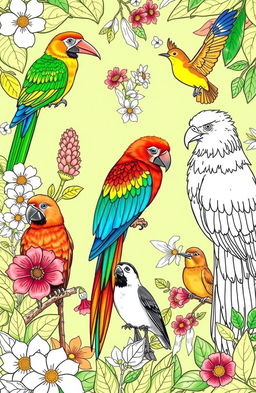 A beautifully illustrated coloring book featuring a variety of birds in their natural habitats