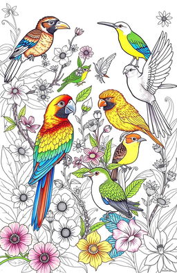 A beautifully illustrated coloring book featuring a variety of birds in their natural habitats