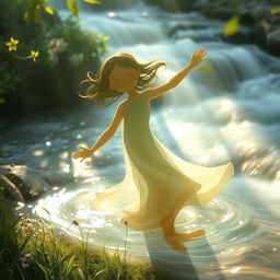 A serene and artistic representation of an abstract figure embodying innocence and freedom in a natural setting
