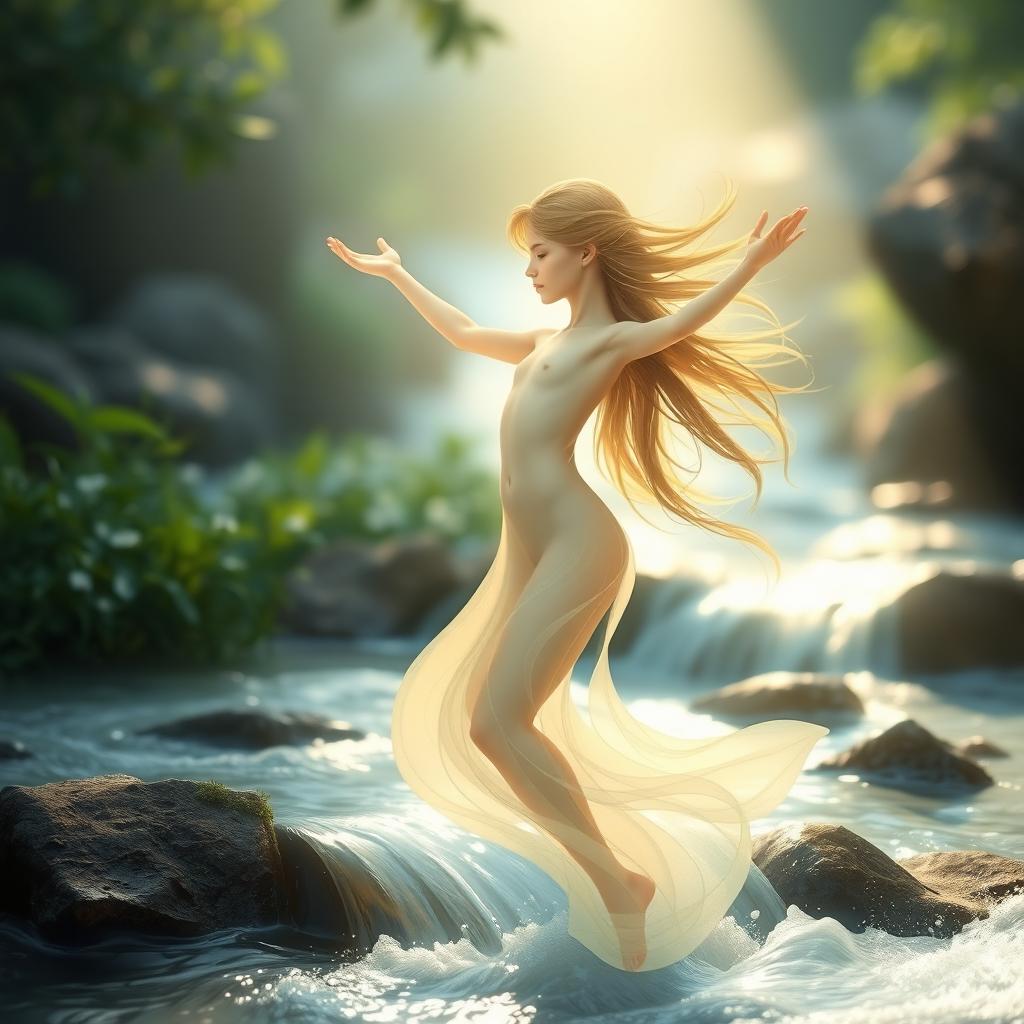 A serene and artistic representation of an abstract figure embodying innocence and freedom in a natural setting