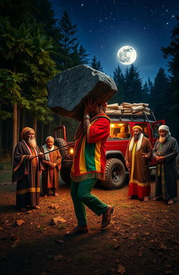 A man dressed in Rastafarian colors, including a vibrant red, yellow, and green outfit with a woollen cap, is carrying a large monolith in a secluded forest clearing