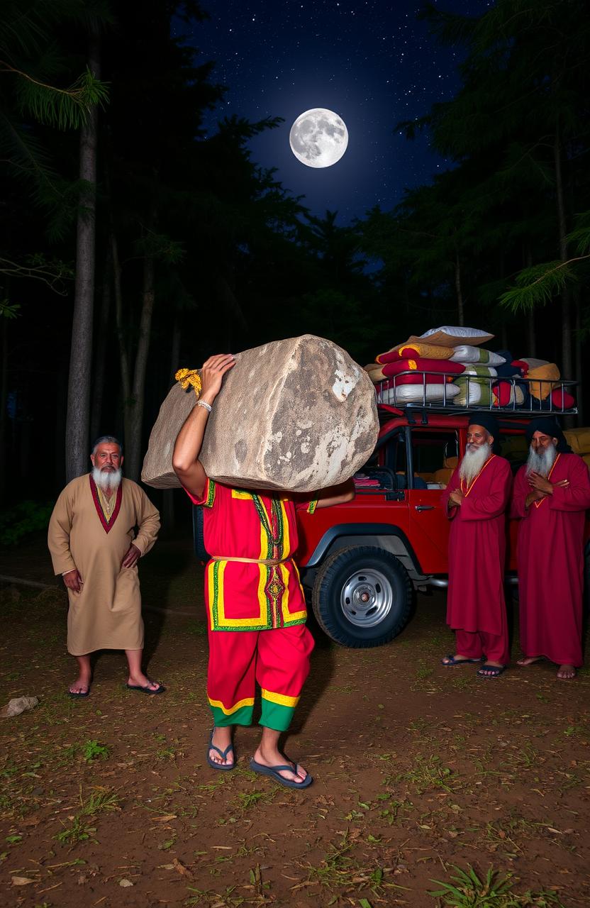 A man dressed in Rastafarian colors, including a vibrant red, yellow, and green outfit with a woollen cap, is carrying a large monolith in a secluded forest clearing