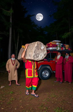 A man dressed in Rastafarian colors, including a vibrant red, yellow, and green outfit with a woollen cap, is carrying a large monolith in a secluded forest clearing