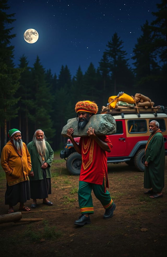 A man dressed in Rastafarian colors, including a vibrant red, yellow, and green outfit with a woollen cap, is carrying a large monolith in a secluded forest clearing