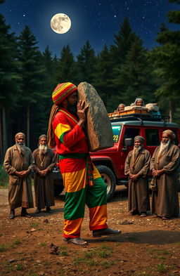 A man dressed in Rastafarian colors, including a vibrant red, yellow, and green outfit with a woollen cap, is carrying a large monolith in a secluded forest clearing