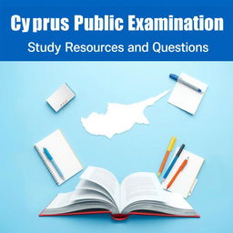 A book cover design for 'Cyprus Public Examination Study Resources and Questions' featuring a blue theme