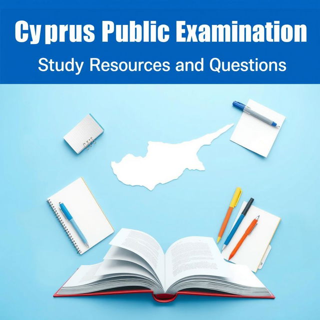 A book cover design for 'Cyprus Public Examination Study Resources and Questions' featuring a blue theme