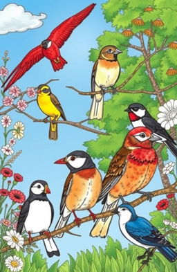 A detailed illustration of various British birds, showing them perched on branches with a variety of natural backgrounds like flowering plants, trees, and blue skies