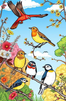 A detailed illustration of various British birds, showing them perched on branches with a variety of natural backgrounds like flowering plants, trees, and blue skies