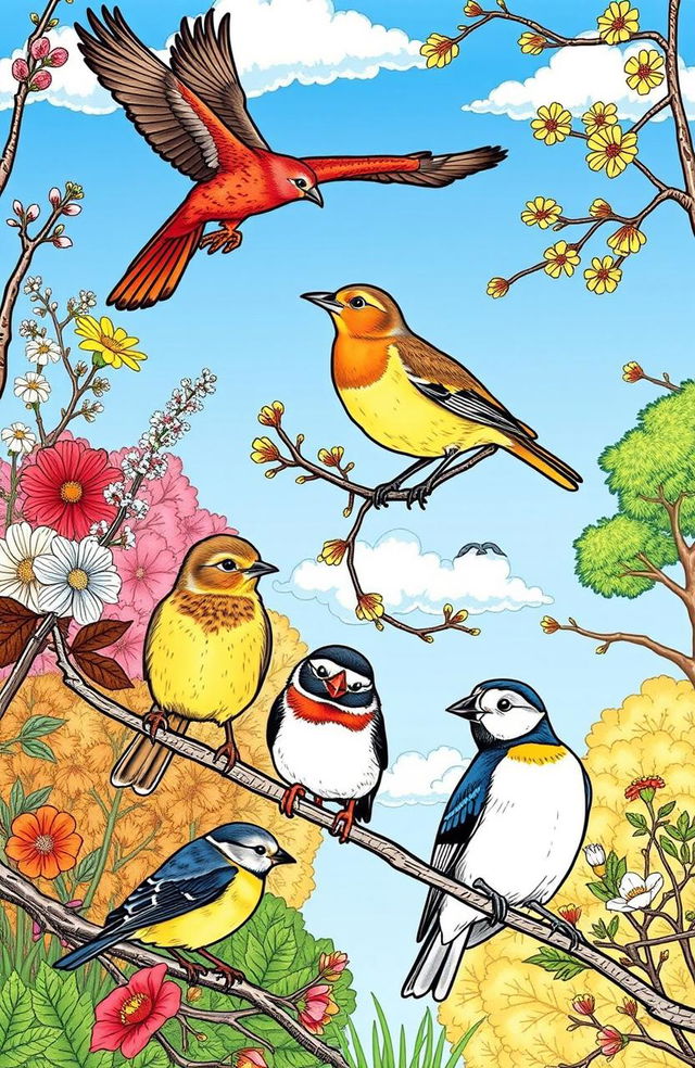 A detailed illustration of various British birds, showing them perched on branches with a variety of natural backgrounds like flowering plants, trees, and blue skies