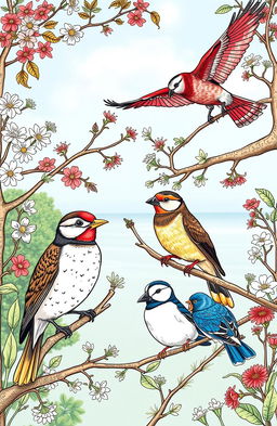 A detailed illustration of various British birds, showing them perched on branches with a variety of natural backgrounds like flowering plants, trees, and blue skies