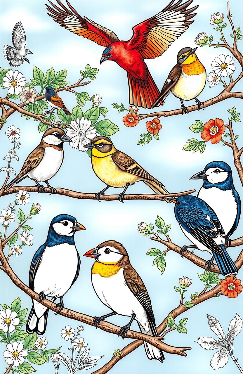 A detailed illustration of various British birds, showing them perched on branches with a variety of natural backgrounds like flowering plants, trees, and blue skies