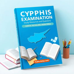 A book cover design for 'Cyprus Public Examination Study Resources and Questions' with a strong blue theme