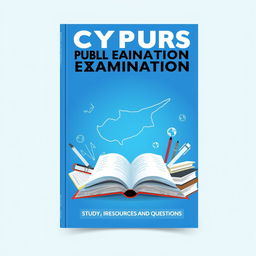 A book cover design for 'Cyprus Public Examination Study Resources and Questions' with a strong blue theme