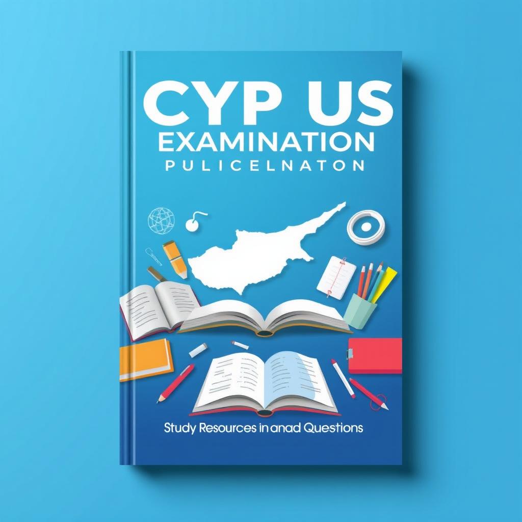 A book cover design for 'Cyprus Public Examination Study Resources and Questions' with a strong blue theme