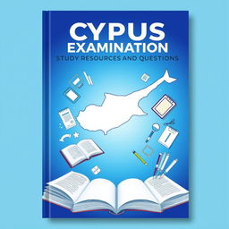 A book cover design for 'Cyprus Public Examination Study Resources and Questions' with a strong blue theme