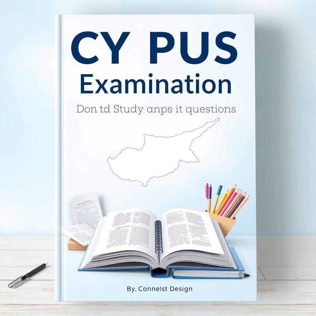 A book cover design for 'Cyprus Public Examination Study Resources and Questions' featuring a pastel blue theme