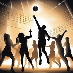 Generate a dynamic image capturing an intense volleyball game