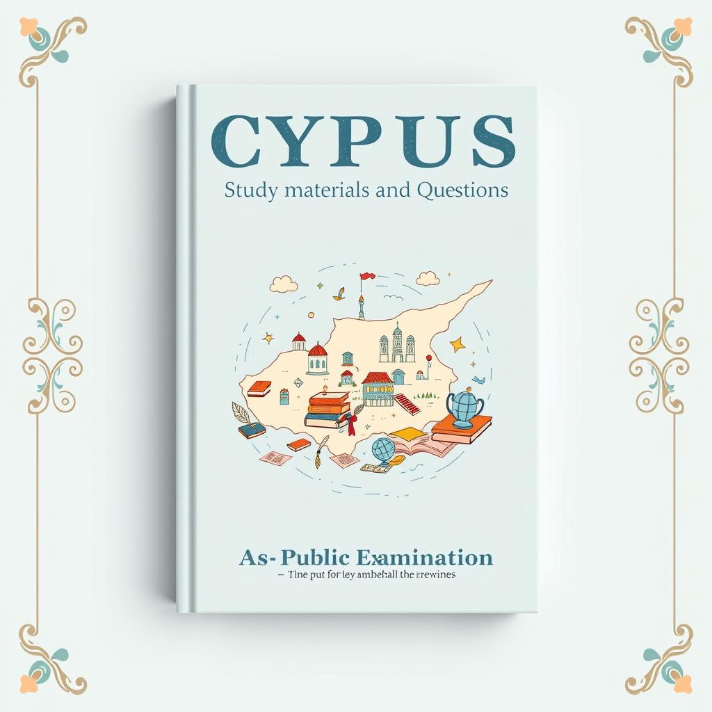 A book cover design for 'Cyprus Public Examination Study Materials and Questions' featuring a pastel blue theme with a retro design aesthetic