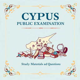 A book cover design for 'Cyprus Public Examination Study Materials and Questions' featuring a pastel blue theme with a retro design aesthetic