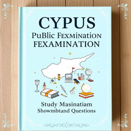 A book cover design for 'Cyprus Public Examination Study Materials and Questions' featuring a pastel blue theme with a retro design aesthetic