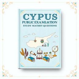 A book cover design for 'Cyprus Public Examination Study Materials and Questions' featuring a pastel blue theme with a retro design aesthetic