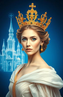 A majestic queen portrait featuring her adorned with a stunning golden crown