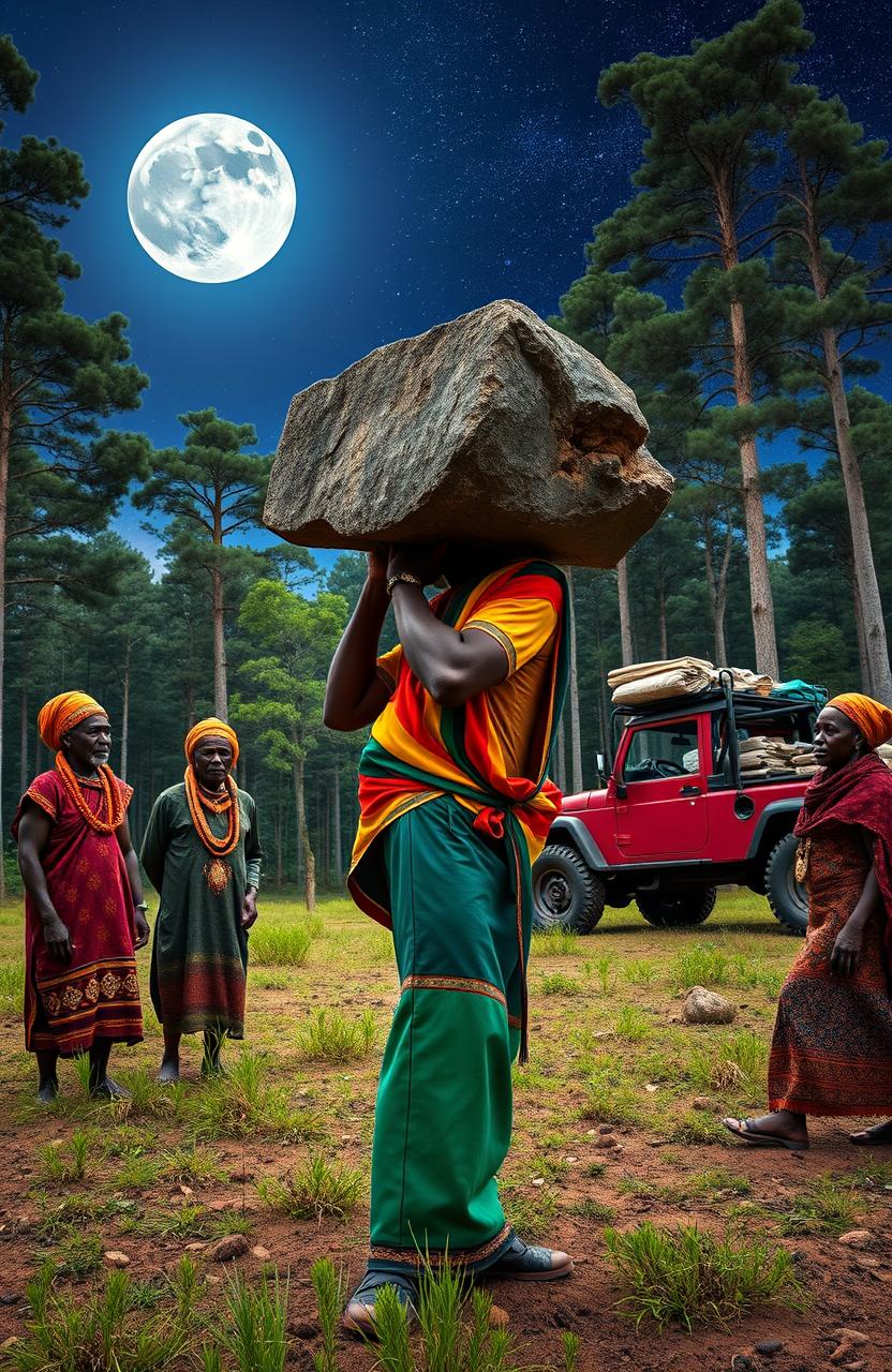 A Black man dressed in vibrant Rastafarian colors, wearing a traditional woollen cap, is carrying a large monolith in a serene forest clearing