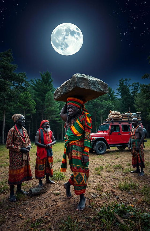 A Black man dressed in vibrant Rastafarian colors, wearing a traditional woollen cap, is carrying a large monolith in a serene forest clearing