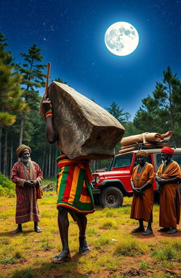 A Black man dressed in vibrant Rastafarian colors, wearing a traditional woollen cap, is carrying a large monolith in a serene forest clearing
